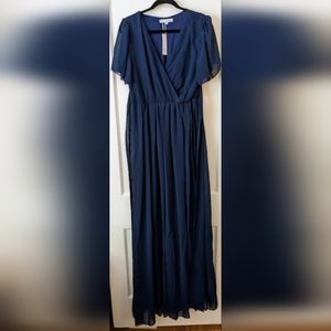 Navy floor length Baltic Born flutter sleeve v-neck dress